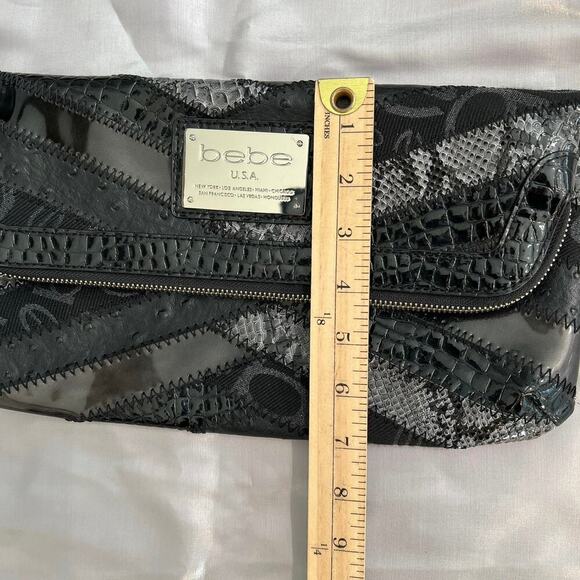 Bebe Multi Textured Black Leather Large Zip Clutch Wrist Strap Tassel Zip 7x13”